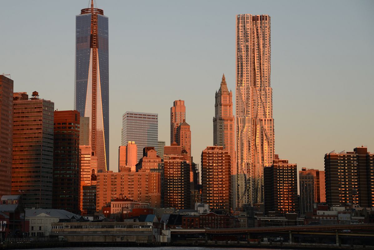 12-1 New York Financial District One World Trade Center, Woolworth Building, New York by Gehry At Sunrise From Brooklyn Heights